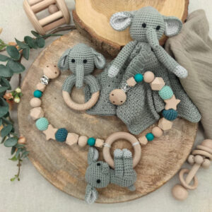 Geschenkset "Elefant" | Schmusetuch | Rassel | Kinderwagenkette