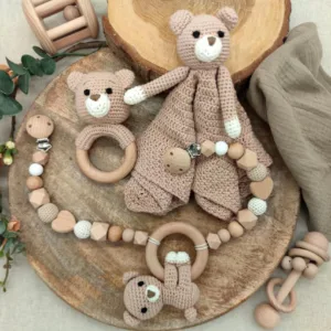 Geschenkset "Bär" | Schmusetuch | Rassel | Kinderwagenkette