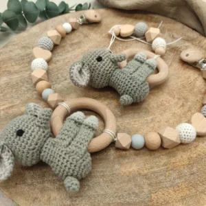 Geschenkbox "Elefant" | Kinderwagenkette | Babyschalen Anhänger | gehäkelt