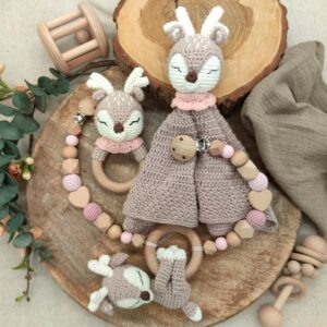 Geschenkset "Reh rosa" | Schmusetuch | Rassel | Kinderwagenkette