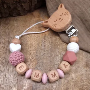 Schnullerkette mit Namen "Weißes Herz mit farbigen Linsen"