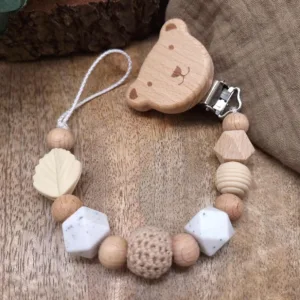 Schnullerkette "Blatt" in Beige/Weiß